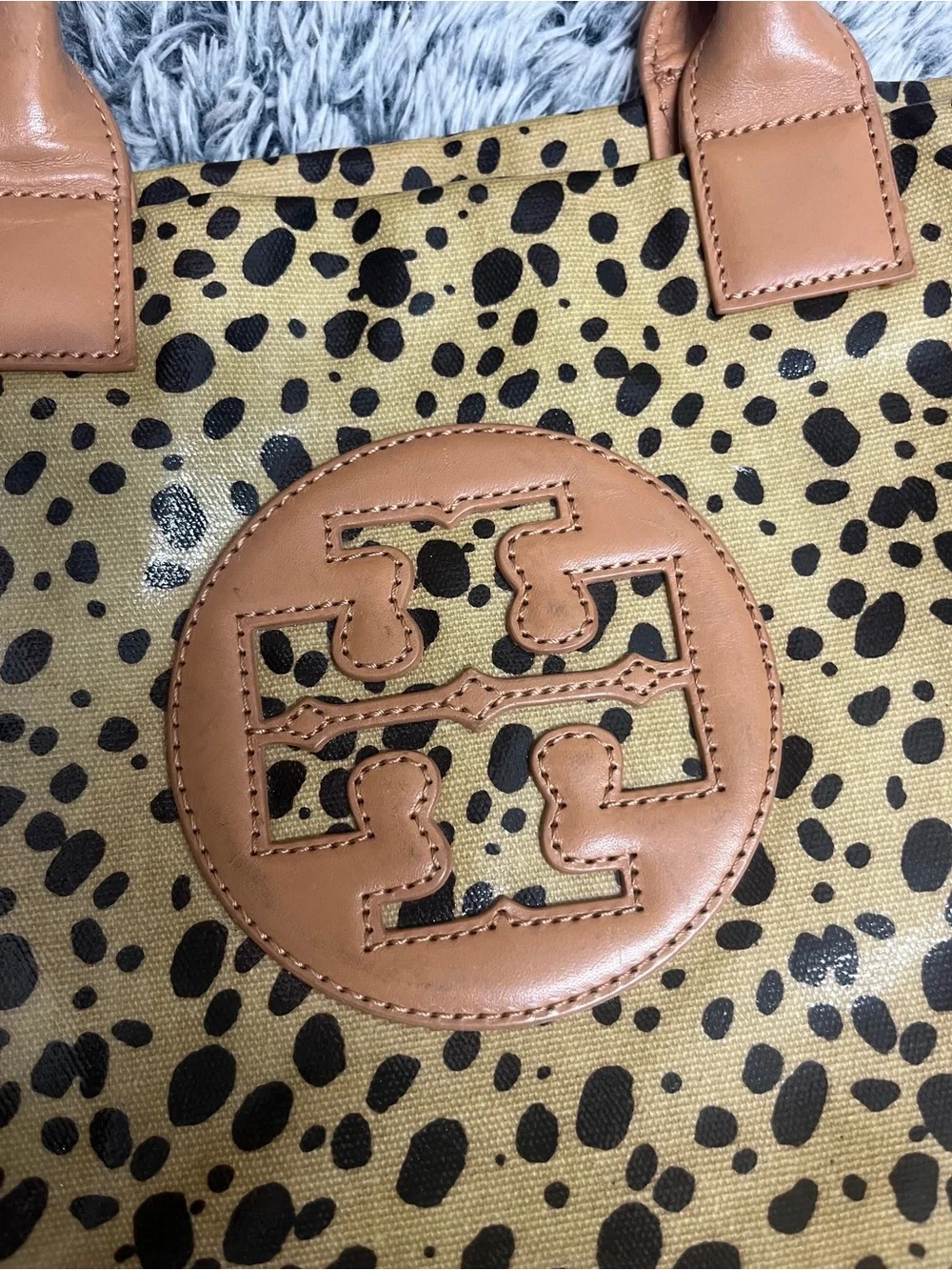 Tory Burch Vintage Ella Tote Animal Print Tan Leather Shiny Coated Canvas Fair